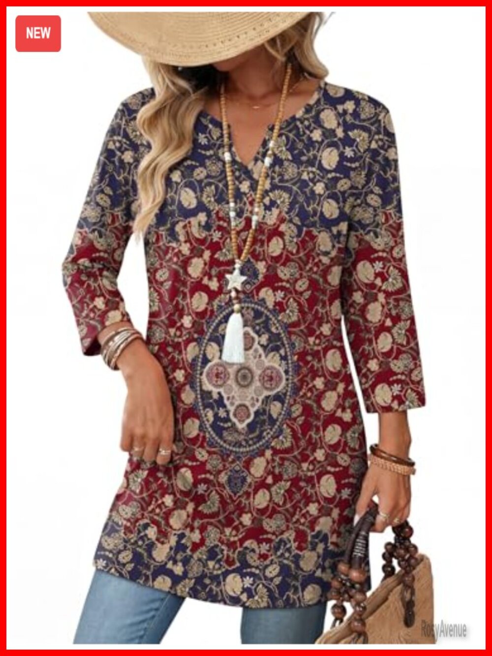 Boho Tunic Top 3/4 Sleeve V-Neck Longline Summer Vacation Outfit